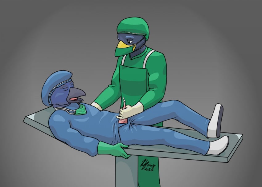 anthro avian bird clothed clothing corvid crow cum dentist doctor erection furry furry_only gloves handjob hospital latex_gloves male mask masturbation medical medical_gloves medical_mask open_mouth orgasm patient penis scrubs simple_background smile surgeon surgical_mask touching_penis yaoi