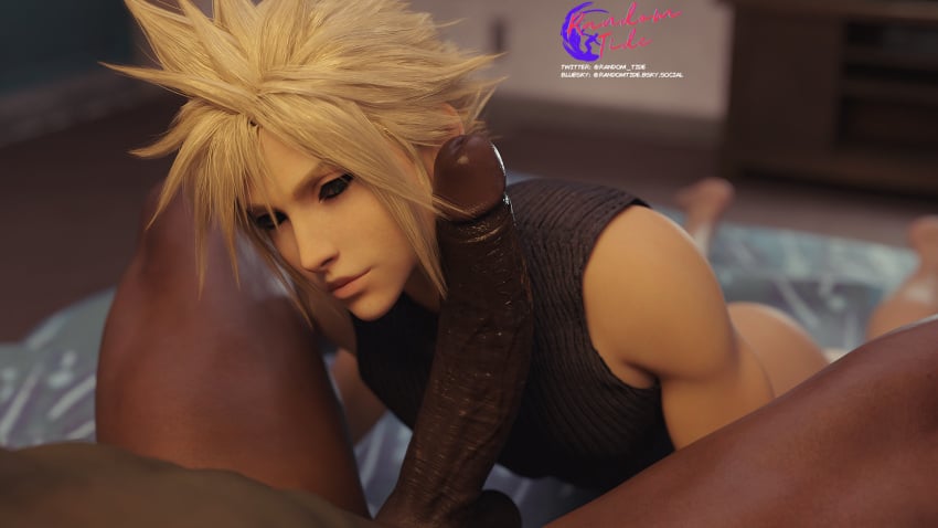 2boys 3d ass black_body black_penis blender blonde_hair cloud_strife color eyeliner femboy final_fantasy final_fantasy_vii_remake gay half_naked large_penis laying_down legs_spread looking_at_penis penis_on_face random_tide sitting_on_bed smirk smirking smirking_at_partner square_enix sweater vein veins veiny_penis watermark