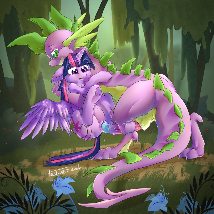 2013 alicorn color cutie_mark day dragon duo english_text equine female feral friendship_is_magic green_eyes hair hellticket horn horse male multicolored_hair my_little_pony outdoors penis pony prodding purple_body purple_eyes purple_fur spike_(mlp) straight text twilight_sparkle_(mlp) vaginal_penetration wings