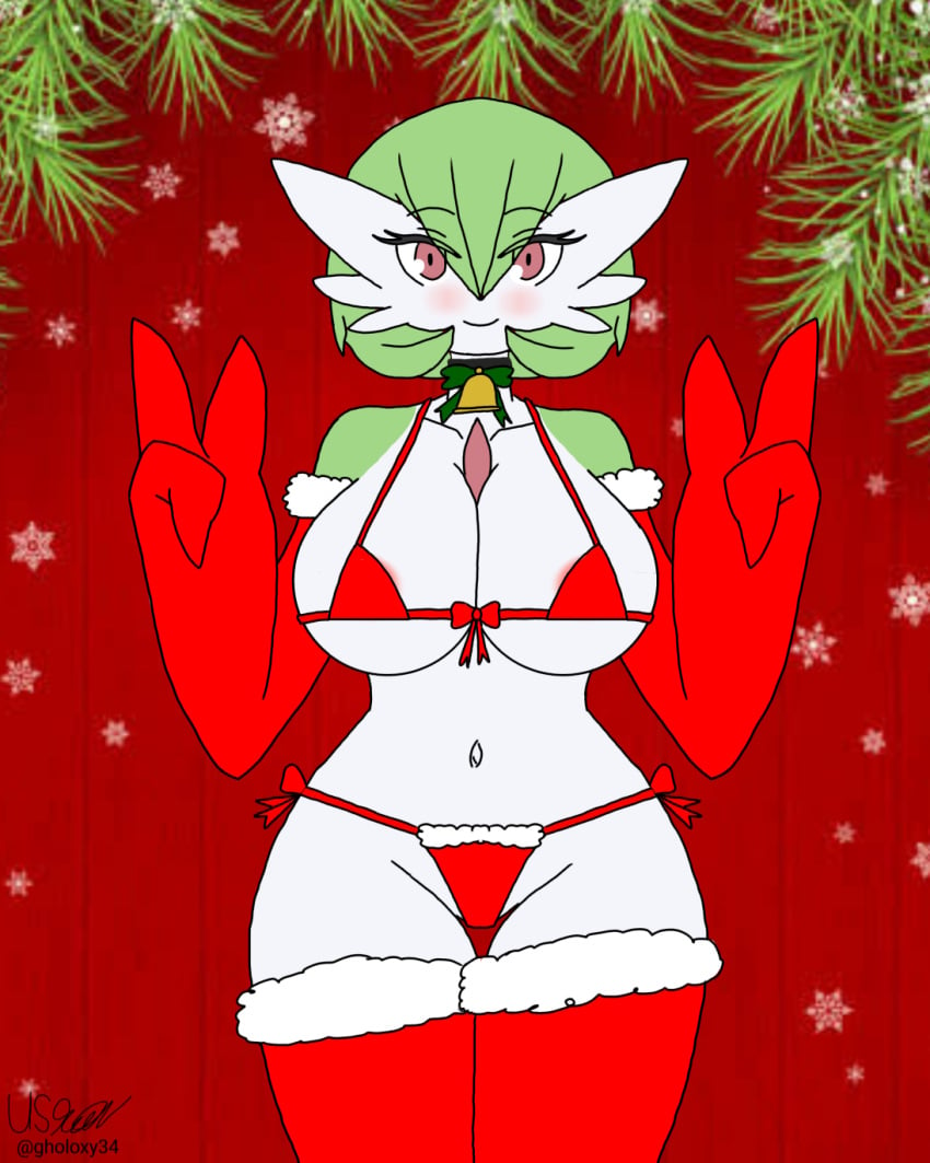 1girls big_breasts bikini breasts christmas christmas_bikini christmas_gloves christmas_stocking collar collar_bell female gardevoir gloves navel pokemon posing solo stockings