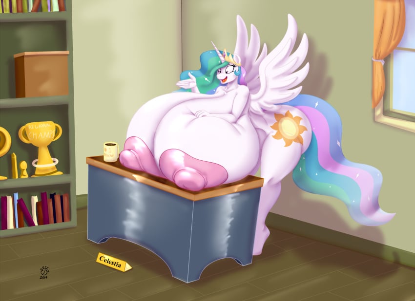 2020 absurd_res alicorn anthro areola award badgerben big_breasts blues64 breast_squish breasts cutie_mark desk equid equine feathered_wings feathers female friendship_is_magic furniture hair hand_on_breast hasbro hi_res horn huge_breasts hyper hyper_breasts inside mammal multicolored_hair my_little_pony mythological_creature mythological_equine mythology nipples nude princess_celestia_(mlp) smile solo squish table thick_thighs trophy white_body wings