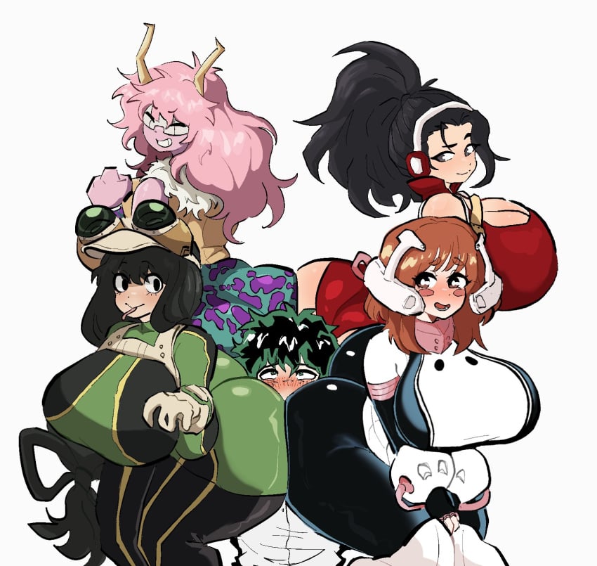 1boy 4girls aged_up ass ass_bigger_than_head ass_sandwich ass_to_ass big_ass big_breasts big_butt black_bodysuit black_eyes black_hair blush bodysuit breasts_bigger_than_head brown_eyes brown_hair cleavage closed_eyes face_in_ass female_human froppy green_bodysuit grey_eyes hairband hero_outfit_(mha) hetero human izuku_midoriya large_ass leotard light-skinned_female looking_back milosartses mina_ashido momo_yaoyorozu multiple_girls my_hero_academia my_hero_academia_(finale) ochako_uraraka ochako_uraraka_(hero_outfit) open_mouth pink_hair pink_skin ponytail post-timeskip red_leotard smile straight superhero_costume superheroine surrounded_by_ass surrounded_by_women thick_thighs timeskip tongue tongue_out tsuyu_asui white_background