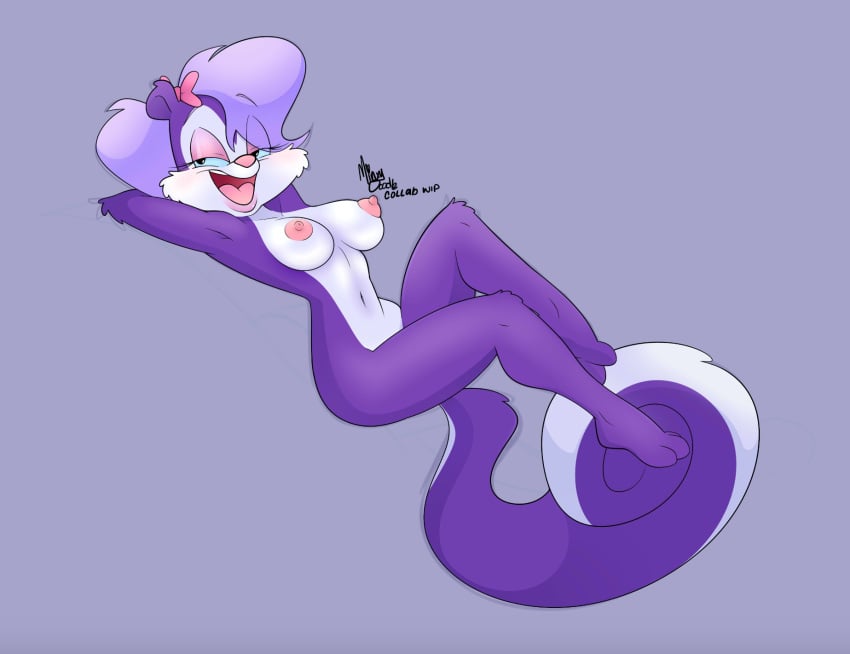 areola breasts cleavage clothed clothing crossed_legs feet female fifi_la_fume half-closed_eyes hi_res looking_at_viewer lying mammal mephitid minxydoodle narrowed_eyes nipples nude on_back skunk solo thick_thighs tiny_toon_adventures tiny_toons_looniversity warner_brothers wide_hips