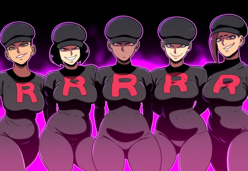 5girls ai_generated big_breasts curvy evil grin large_breasts looking_at_viewer mullon multiple_girls novelai pokemon pokemon_frlg team_rocket team_rocket_grunt team_rocket_grunt_(female) team_rocket_uniform wide_hips