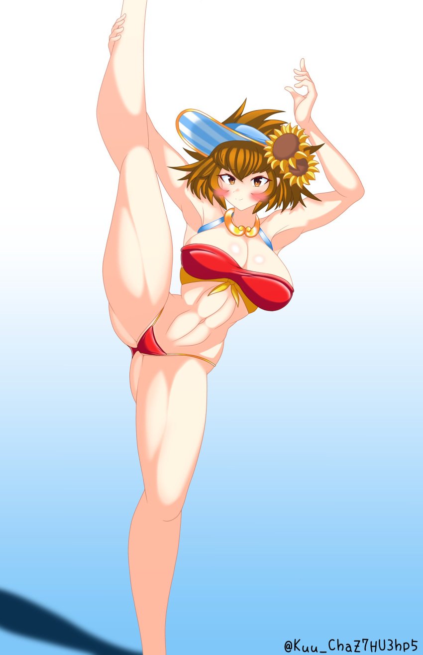 1girls barely_covered belly belly_button bikini blush breasts brown_eyes brown_hair collar color digital_media_(artwork) female_only fit_female flower galaxy_gals kuu_(battle_cats) kuu_chaz7hu3hp5 large_breasts leg_up light_skin looking_at_viewer muscular muscular_female nyanko_daisensou short_hair smile splits standing_on_one_leg standing_split teenager the_battle_cats thick_thighs thighs visible_breath visor