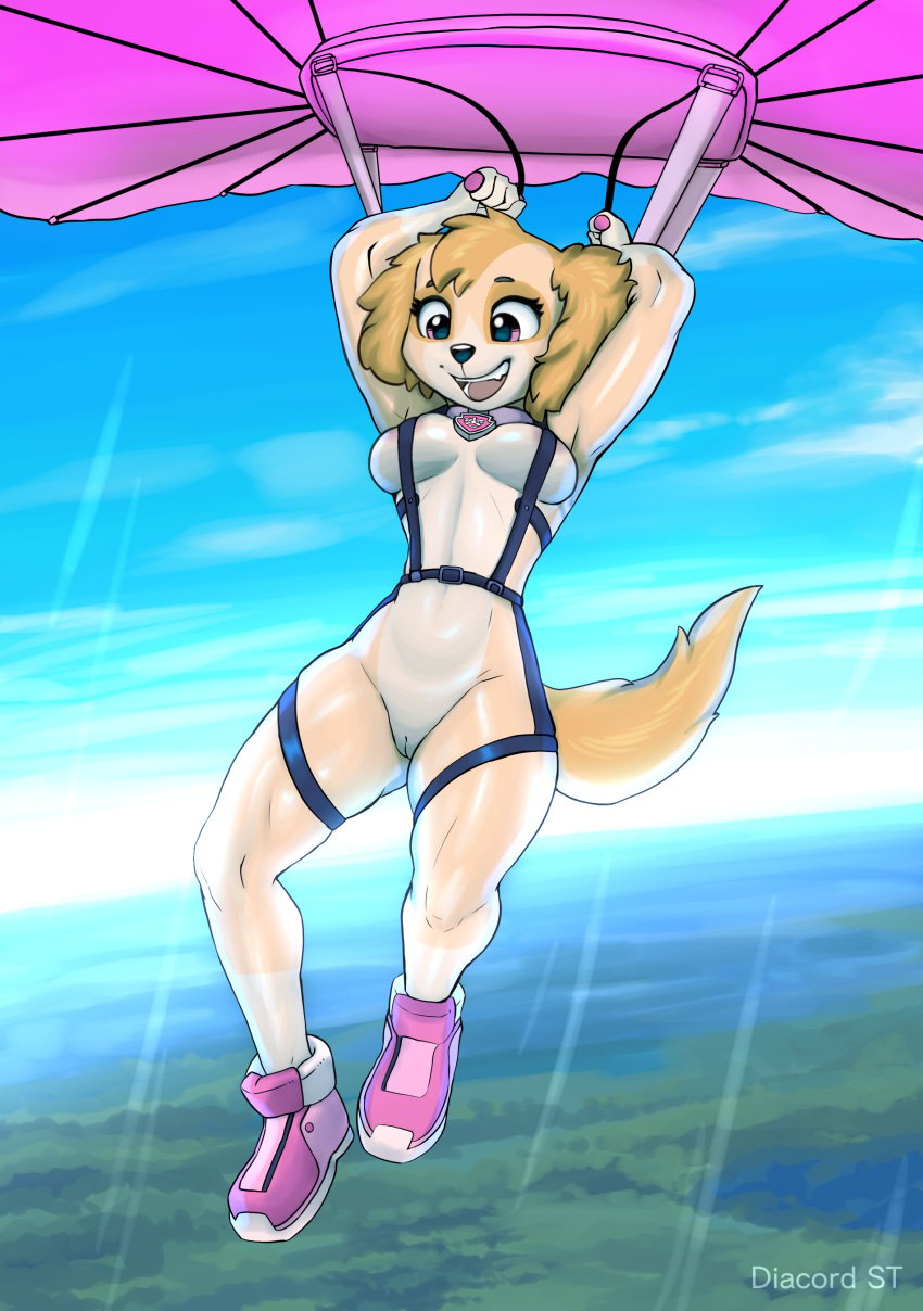 absurd_res anthro biped breasts canid canine canis cloud cockapoo diacordst domestic_dog eyebrows female fingers floppy_ears fur genitals hi_res mammal mixed_breed open_mouth open_smile paw_patrol pussy skydiving skye_(paw_patrol) smile solo tail