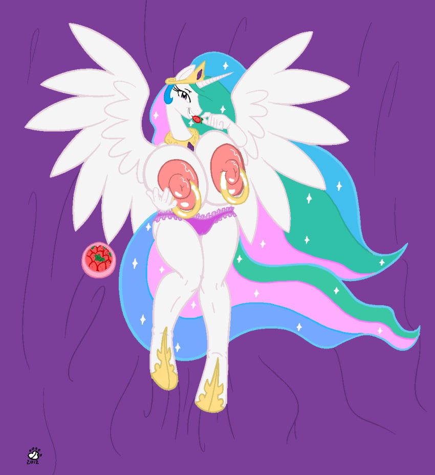 alicorn anthro anthrofied badgerben big_breasts big_nipples breasts camel_toe clothing equid equine feathered_wings feathers female food friendship_is_magic fruit hair hasbro hi_res horn huge_breasts mammal multicolored_hair my_little_pony mythological_creature mythological_equine mythology nipple_piercing nipples panties piercing plant princess_celestia_(mlp) solo strawberry tail underwear white_body white_feathers wings