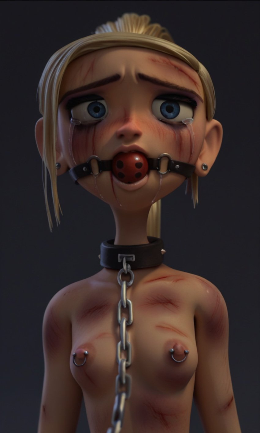 3d ai_generated ball_gag blonde_hair blue_eyes bruise bruised bruises chain_leash chained collar courtney_babcock crying drooling naked nipple_piercing p0rtal_w0mbat paranorman ponytail ryona small_breasts