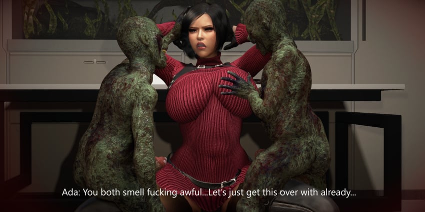 1girls 2boys 3d ada_wong arms_behind_head arms_up asian athletic_female balls big_ass big_breasts big_penis black_hair brown_eyes child_bearing_hips completely_nude cum cum_on_penis dialogue female fentanyl_goblin gloves groping groping_breasts hand_on_breast hand_on_head huge_ass huge_breasts human laboratory male monster naked_male panties penis resident_evil resident_evil_4 resident_evil_4_remake size_difference smiling straight straps sweater threesome wide_hips zombie