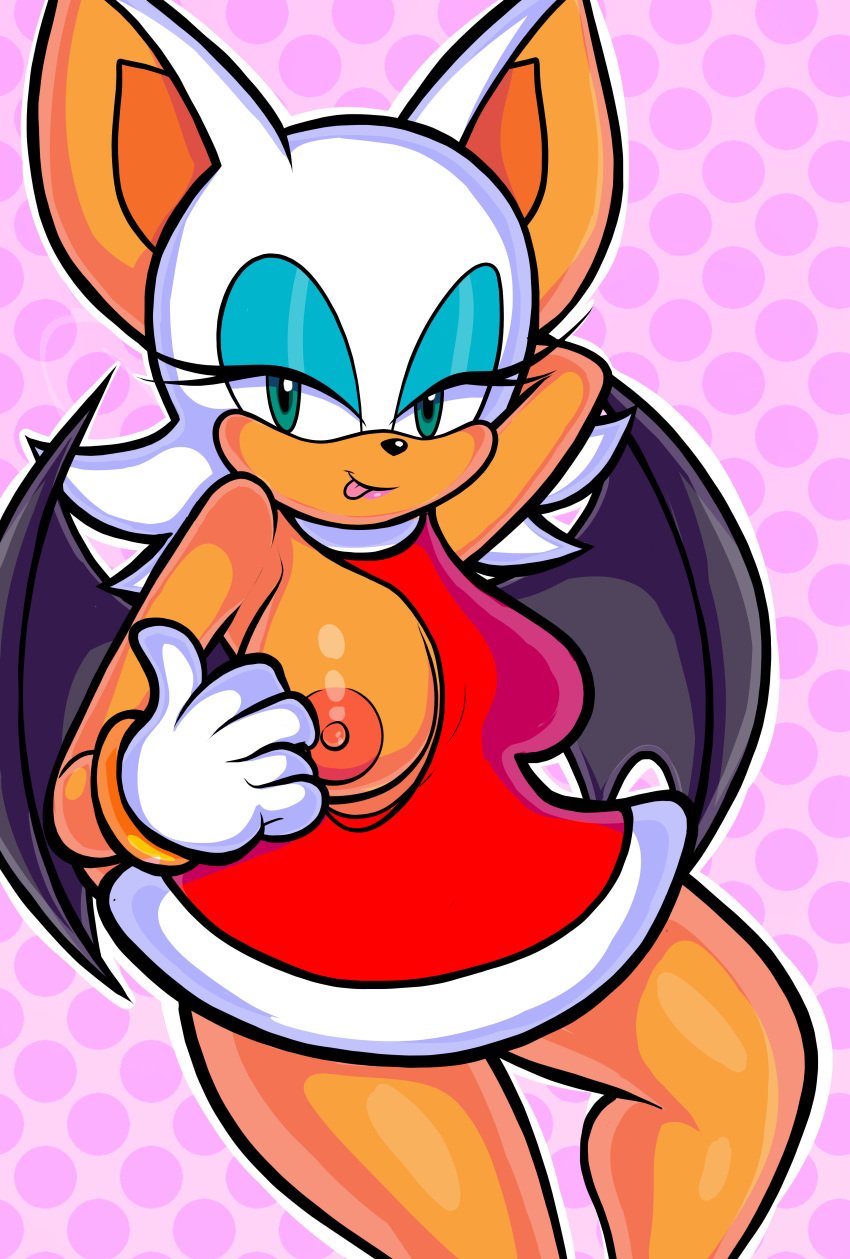 absurd_res amy_rose amy_rose_(cosplay) anthro bat blackmore breasts clothing cosplay dress female hands_behind_head hi_res lipstick makeup mammal nipples pinup pose red_clothing red_dress rouge_the_bat sega solo sonic_(series) sonic_the_hedgehog_(series)