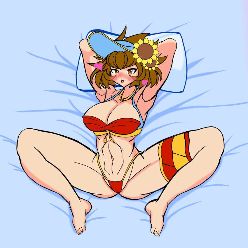 1girls armpits arms_behind_head belly belly_button bikini blush breasts brown_eyes brown_hair cameltoe color digital_media_(artwork) flower galaxy_gals heart kuu_(battle_cats) kuu_chaz7hu3hp5 large_breasts light_skin muscular muscular_female nyanko_daisensou on_bed pillow ready_to_fuck short_hair teenager the_battle_cats thick_thighs thigh_strap thighs thunder_thighs tongue tongue_out visor white_sheets