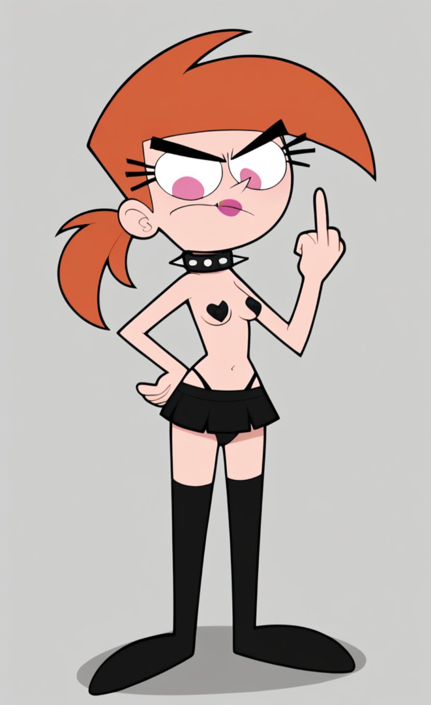 ai_generated collar heart_pasties heart_shaped_pasties middle_finger miniskirt nickelodeon orange_hair p0rtal_w0mbat pasties perky_breasts pink_eyes short_skirt skirt small_breasts spiked_collar the_fairly_oddparents thigh_highs thighhighs thong vicky_(fairly_odd_parents)