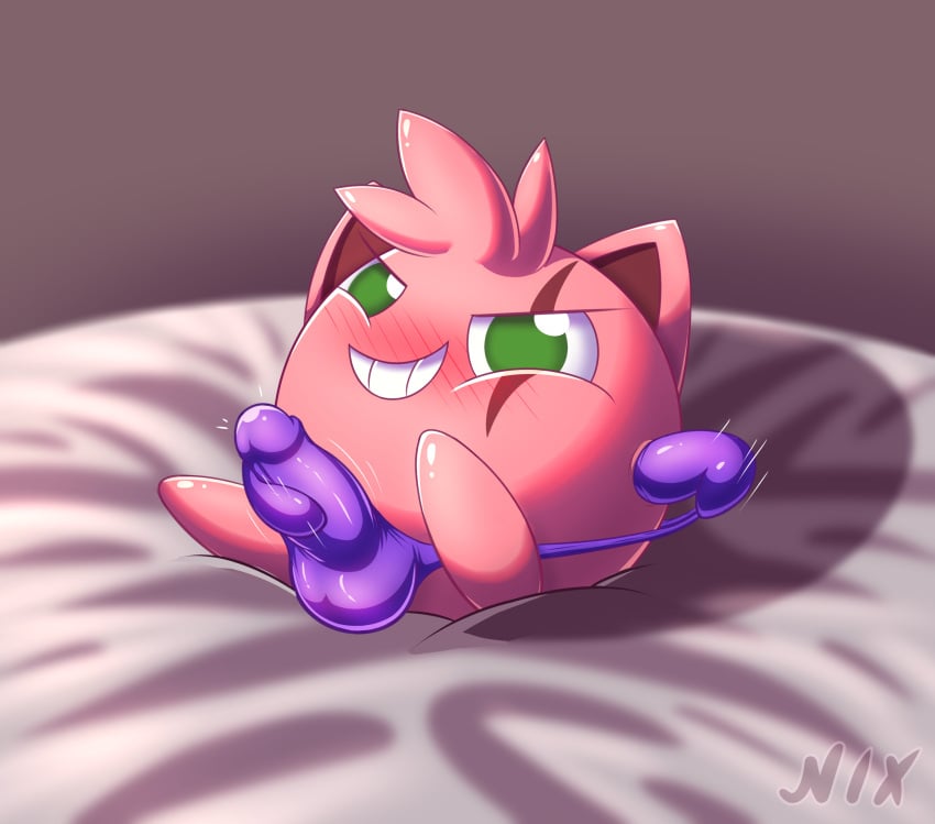 absurd_res bed blush bulge clothing clothing_pull creampuff_(tepigfan101) detailed_bulge eye_scar facial_scar furniture generation_1_pokemon genital_outline gloves green_eyes grinning_at_viewer hair hand_on_bulge handwear hi_res jigglypuff male masturbation nintendo nixkirb no_humans on_bed penis_outline pokemon pokemon_(species) purple_clothing purple_gloves purple_handwear purple_underwear rubbing_penis scar sitting sitting_on_bed solo spiky_hair underwear underwear_pull waddling_head