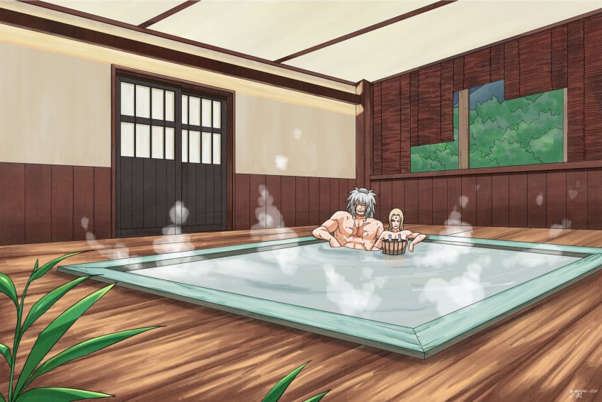 1boy 1girls bathhouse bathing_together big_breasts blonde_hair blush breasts brown_eyes bucket completely_nude completely_nude_female convenient_censoring drink duo_focus facial_mark forehead_mark gilf gonggae_1111 grin hot_spring huge_breasts in_water indoors jiraiya large_breasts lipstick makeup mature mature_female mature_woman milf mixed_bathing naruto naruto_(series) naruto_shippuden naughty naughty_face naughty_smile nipples nude nude_female one_eye_closed onsen partially_submerged sake smile towel towel_on_head tsunade voluptuous voluptuous_female water white_hair