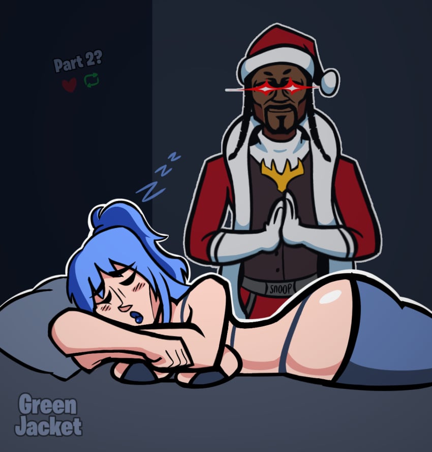 1boy 1boy1girl 1girls big_ass big_breasts blue_hair celebrity christmas christmas_outfit female fortnite fortnite:_battle_royale glowing_eyes green_jacket_(artist) hope_(fortnite) male meme parody sleeping snoop_dogg