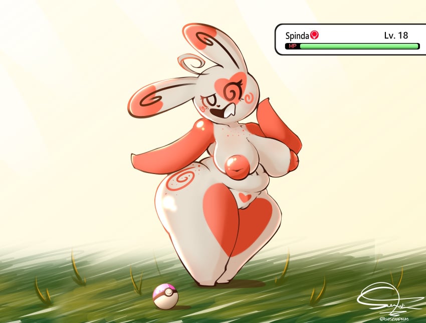 1girls ahoge anthro background big_ass big_breasts big_thighs bunny_ears chubby chubby_female female female_only gdseraphim grass heart_symbol inverted_nipples love_ball markings naked naked_female nude nude_female pokémon_(species) pokemon pokemon_(species) pussy solo solo_female spinda spiral_eyes spots spotted_markings tagme