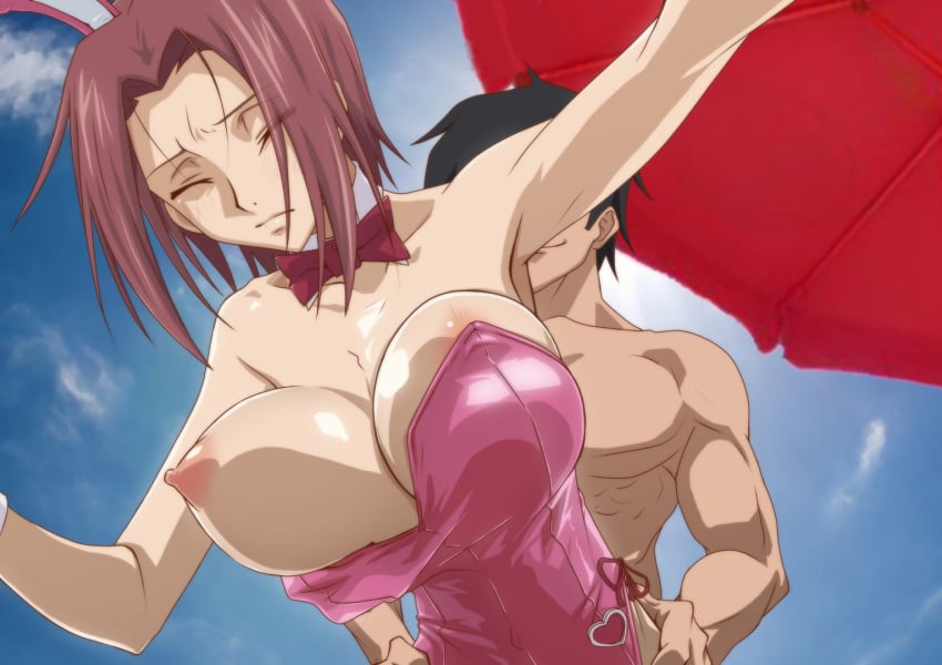 beach bunny_girl bunnysuit censored code_geass female female kallen_stadtfeld kyabakurabakufu large_breasts public_rape public_sex rape red_hair sex sex_from_behind short_hair umbrella