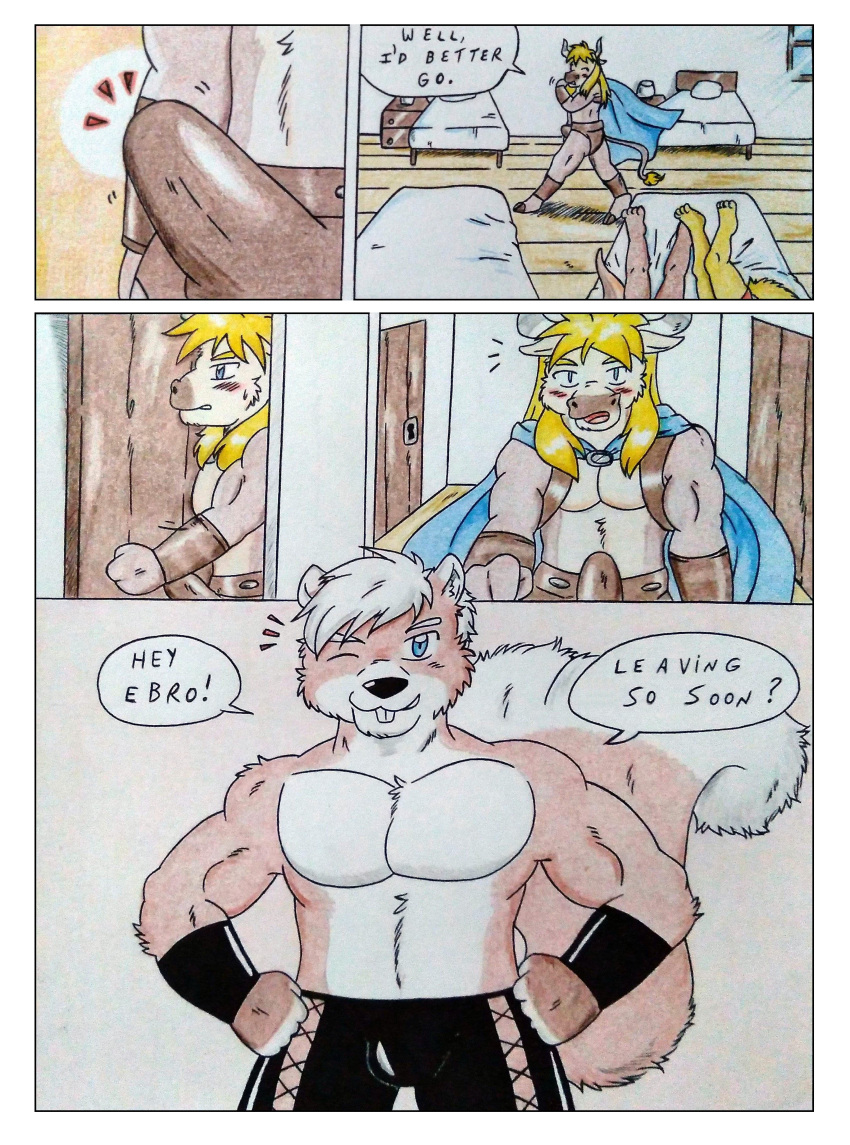 2_horns absurd_res anthro arm_pads aroused bed bedroom black_clothing black_nose blizzard_entertainment blonde_hair blue_cape blue_clothing blue_eyes blush blush_lines bovid bovine brown_body brown_fur bulge cape clothed clothing comic comic_panel dashthefox dialogue ebro erection fill_(furryratchet) fur furniture hair hands_on_hips hi_res horn inside legpads looking_at_viewer lying male mammal multicolored_body multicolored_fur muscular muscular_anthro muscular_arms muscular_male on_bed one_eye_closed opening_door pecs rodent sciurid speech_bubble surprised_expression tail tauren text topless topless_anthro topless_male traditional_media_(artwork) tree_squirrel underwear walking warcraft wink winking_at_viewer