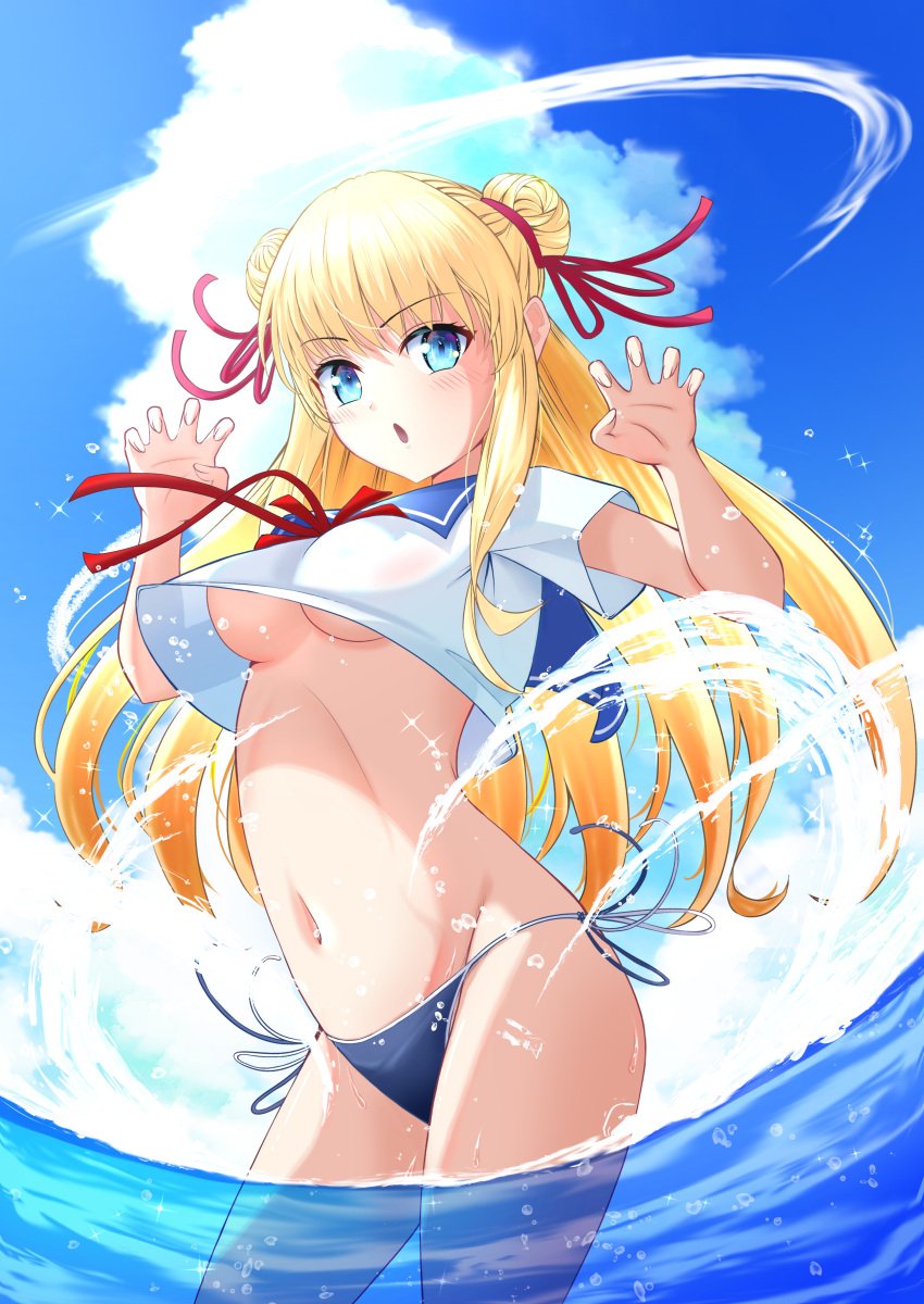 bikini blonde_hair blue_eyes blue_panties blue_sailor_collar claudina_skylark_(mousugu_natsuyasumi!_2) cloudy_sky double_bun large_breasts light_blush long_hair meganededekitei midriff mousugu_natsuyasumi!_2 navel no_bra open_mouth paw_pose pink_ribbon red_ribbon sailor_collar side-tie_panties standing_on_liquid underboob white_serafuku