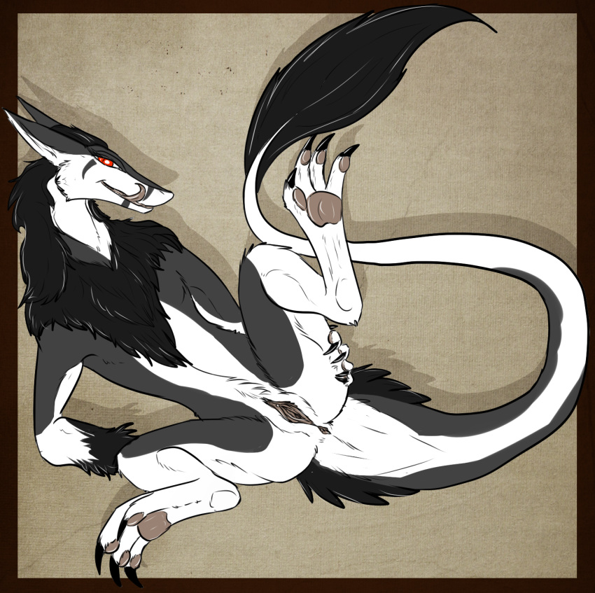 artha-amberose claws digitigrade female looking_at_viewer lying mane markings on_back pawpads plain_background presenting pussy red_eyes sergal shadow solo spread_legs spreading tongue tongue_out