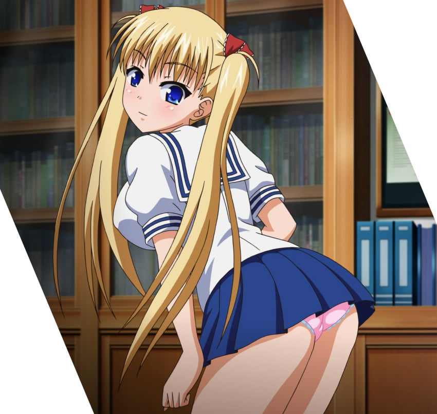 1girls airi_akizuki alternate_costume ass bent_over big_ass big_breasts blonde_hair blue_eyes breasts busty fat_ass female female_only hair_ribbon large_breasts legs long_hair looking_at_viewer looking_back oni_chichi oni_chichi_vacation panties pantyshot pink_panties ribbon school_uniform sensual sideboob skirt smile solo stitched thighs voluptuous