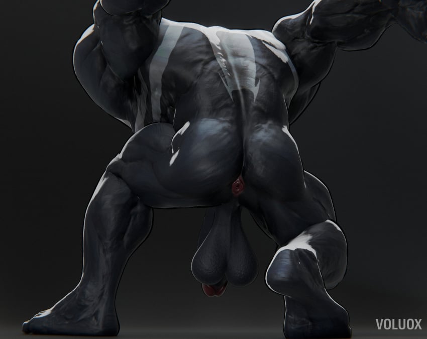 3d alien alien_humanoid anus ass balls big_balls big_muscles big_penis black_body blender_(artwork) digital_media_(artwork) emblem erection genitals hi_res humanoid humanoid_genitalia humanoid_penis male marvel marvel_rivals muscular muscular_male not_furry nude penis rear_view solo symbiote venom_(marvel) voluox