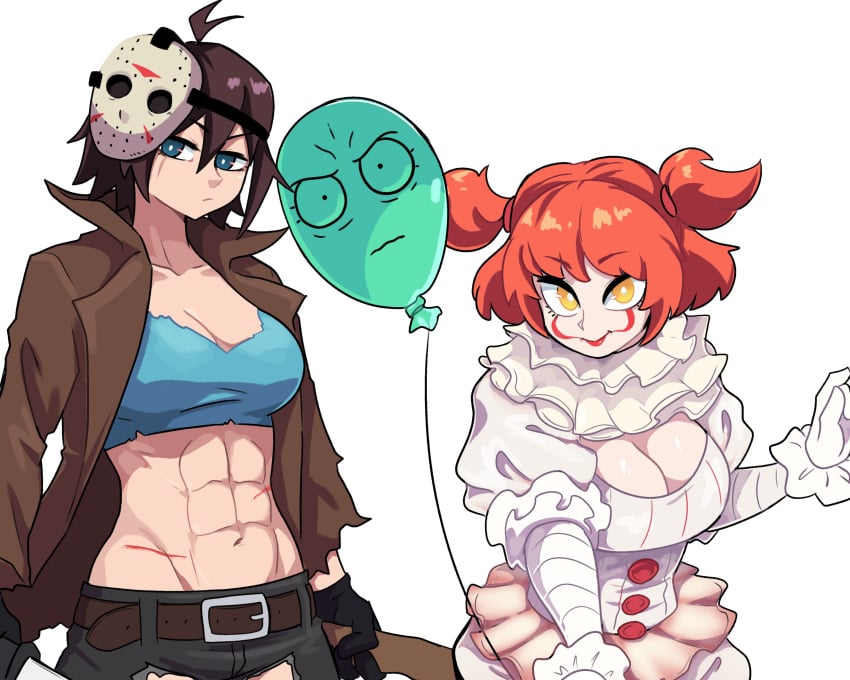 2girls abs alan_(the_amazing_world_of_gumball) balloon bishoujo_terror blue_eyes boob_window breasts brown_hair cleavage cleavage_cutout cleavage_window clothed clothing clown clown_girl clown_makeup cuts dashi_art fair-skinned_female fair_skin female female_only girl gloves hair_tie hockey_mask jason_voorhees lipstick machete mask midriff muscular muscular_female orange_eyes orange_hair pennywise scar simple_background smile the_amazing_world_of_gumball tomboy toned toned_female twintails weapon yellow_eyes