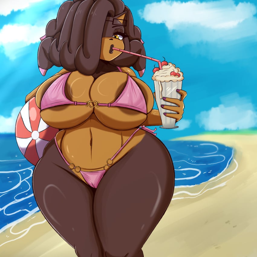 beach beach_background beach_ball big_areola big_ass big_breasts big_thighs bikini bimbofication black_lipstick brown_fur dark-skinned_female huge_ass huge_breasts huge_butt huge_thighs kindroseart knollie_(oc) milkshake mobian mobian_(species) mobian_hedgehog oc original_character original_female_character pink_bikini pink_bra pink_hair pink_nails pink_panties plumenjoyerse seaside sega sonic_(series) sonic_the_hedgehog_(series)