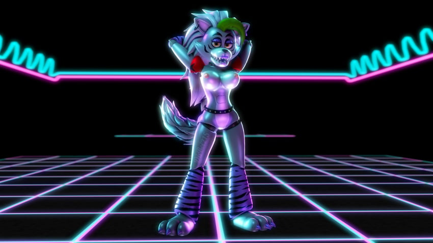 3d 4k animatronic arms_up belt dark_room disboi215 earrings five_nights_at_freddy&#039;s five_nights_at_freddy&#039;s:_security_breach fnaf furry green_hair grey_body hands_behind_head highres lipstick looking_at_viewer naked naked_female neon_lights pink_nipples purple_lipstick robot roxanne_wolf_(fnaf) sfm shiny_body shiny_skin silver_body silver_hair solo source_filmmaker spiked_belt yellow_eyes