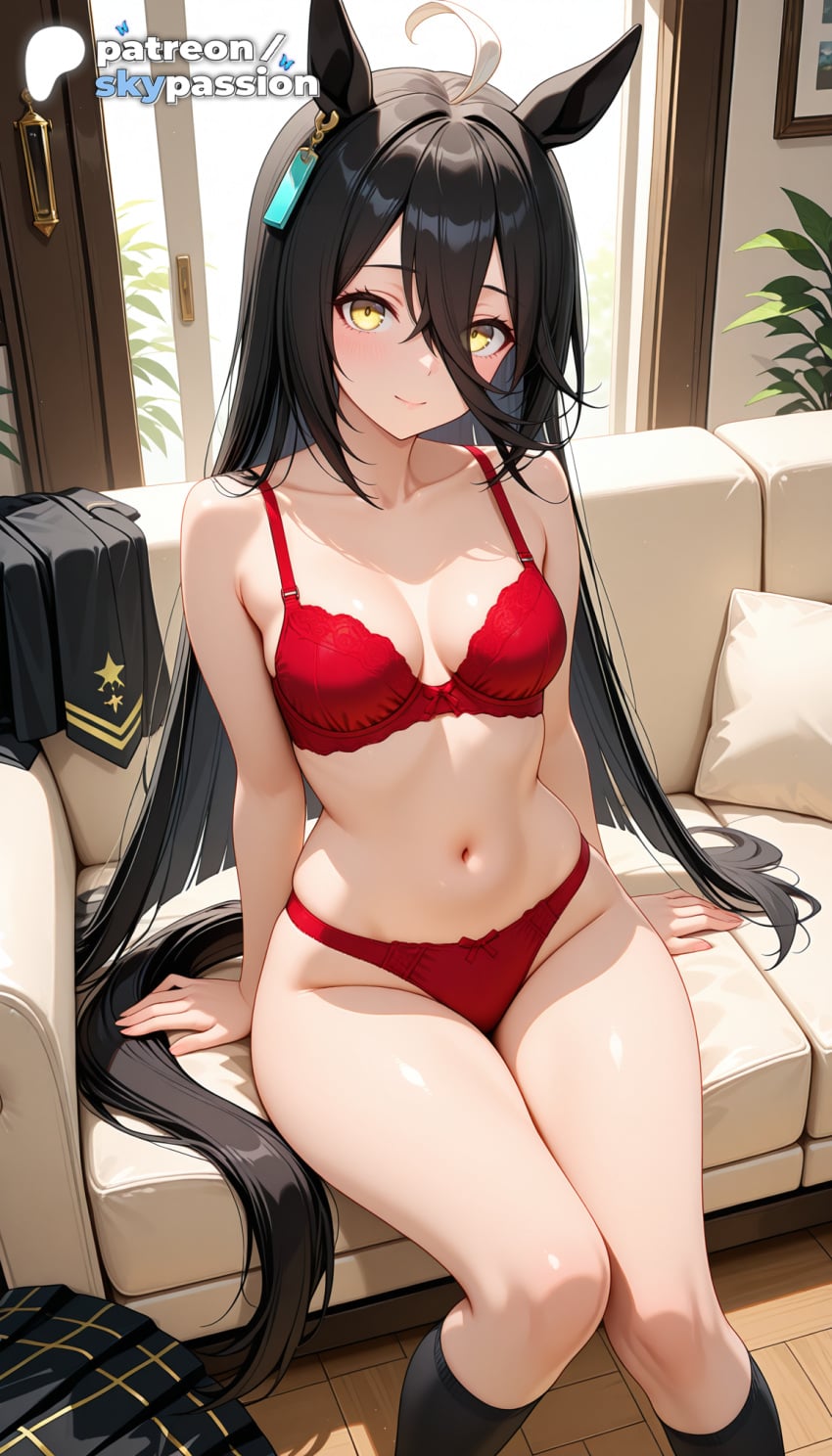 1girls 2026 ai_assisted ai_generated anime black_legwear boobs bra breasts bust hi_res high_quality high_resolution highres kneehighs long_hair manhattan_cafe_(umamusume) navel panties patreon patreon_username red_bra red_panties skypassion solo stable_diffusion tits umamusume umamusume_pretty_derby underwear very_long_hair watermark
