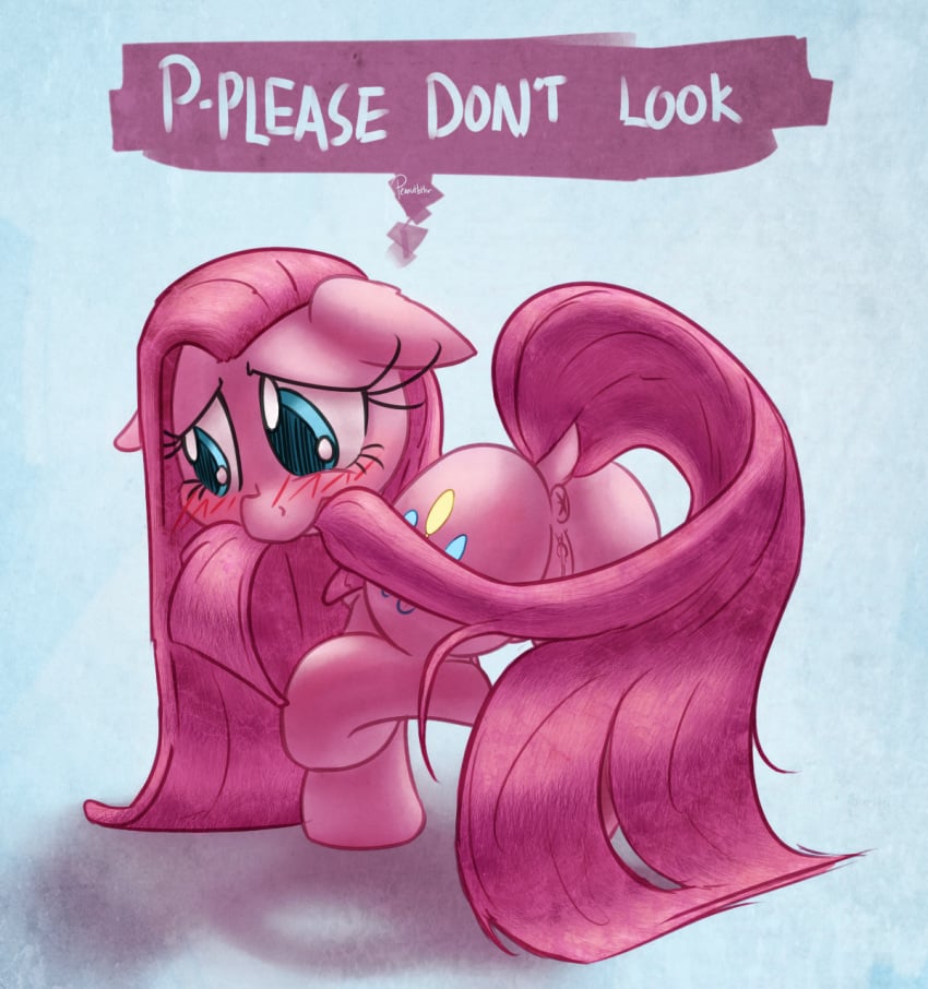 anus ass big_ass blue_eyes blush chromaskunk clitoris covering cutie_mark dialog english_text equine eyelashes female feral friendship_is_magic hair highres horse labia looking_away my_little_pony peanutbtter pink_fur pink_hair pinkamena_(mlp) pinkie_pie_(mlp) pony presenting presenting_hindquarters pussy raised_leg raised_tail seductive shy straight_hair tail tail_biting text