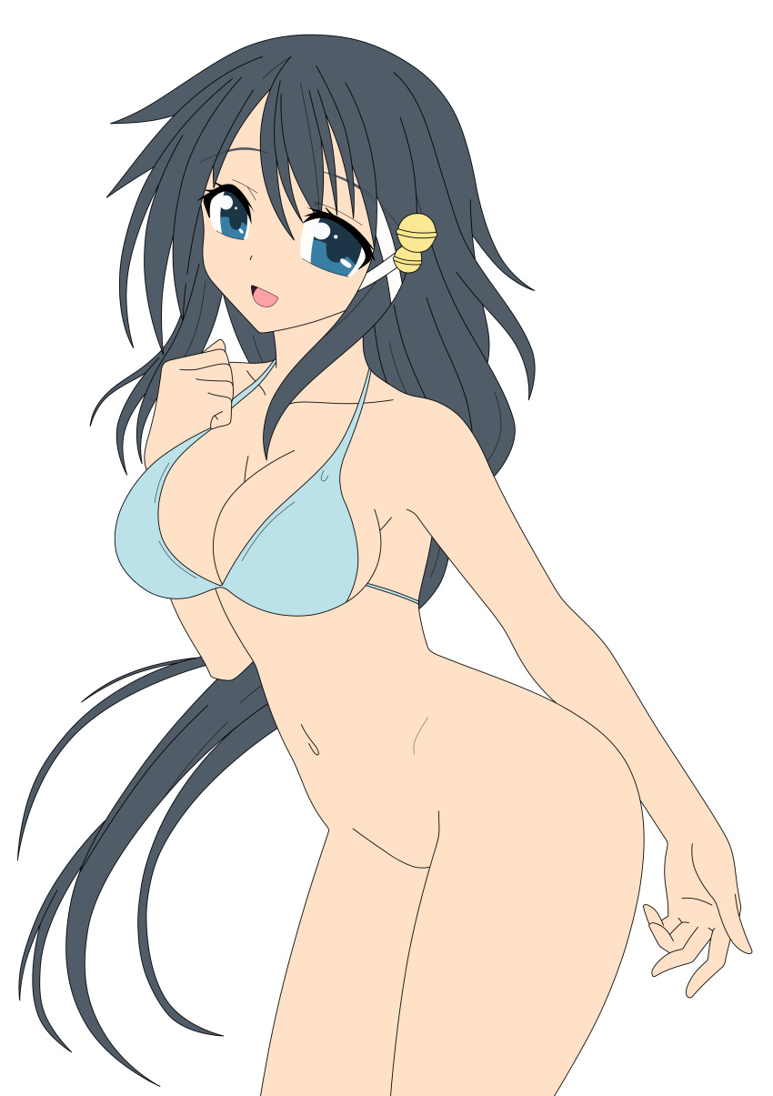 1girls bikini black_eyes black_hair bottomless breasts busakumas female high_res kazane_hiyori legs long_hair no_panties photoshop smile solo sora_no_otoshimono swimsuit thighs vector_trace