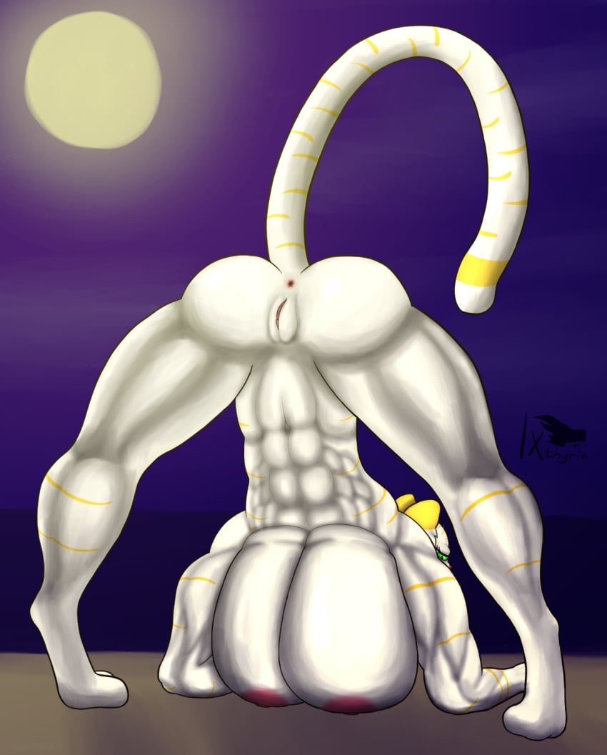 abs anthro anus ass_up big_breasts big_muscles breasts felid female fur genitals hi_res huge_breasts ixthyria jack-o'_pose mammal mishar moon muscular muscular_female muscular_legs nude obliques pantherine pecs_with_breasts pose pussy serratus solo stripes tiger triceps white_body white_fur yellow_stripes