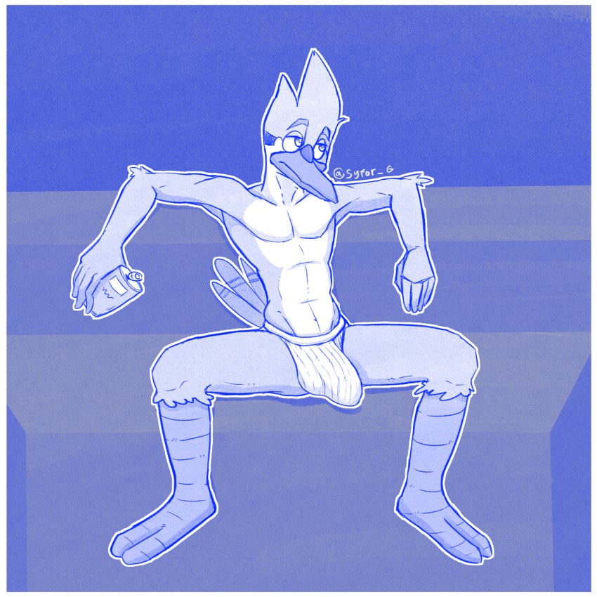 1:1 absurd_res anthro avian beverage big_bulge bird border bulge cartoon_network clothing hi_res jock jockstrap male monochrome mordecai_(regular_show) regular_show soda solo syforg underwear white_border