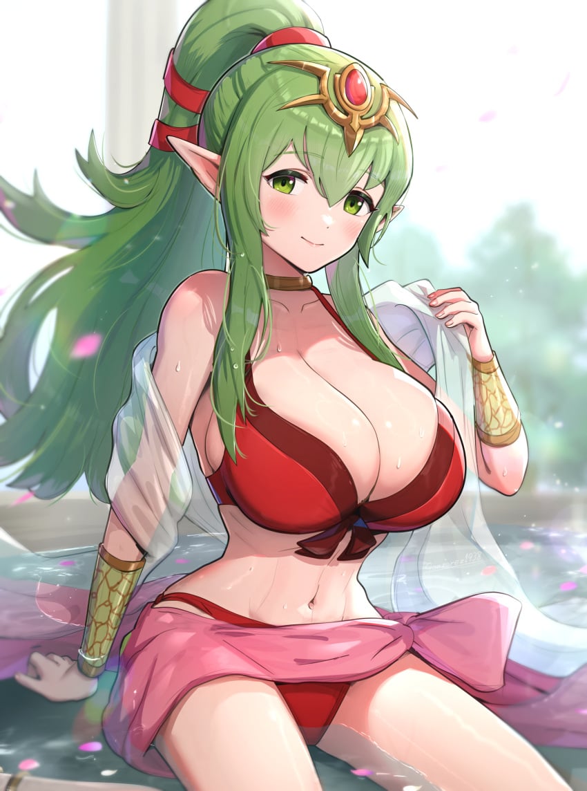 big_breasts blush breasts cleavage clothed clothing elf_ears female female female_focus female_only fire_emblem fire_emblem_awakening fully_clothed gold_jewelry gonzarez1938 green_eyes green_hair large_breasts necklace nintendo nipple_bulge tiara tiki_(adult)_(fire_emblem) tiki_(fire_emblem)