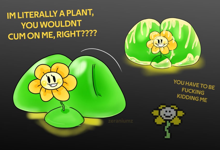 2d 2d_(artwork) big_butt bubble_ass bubble_butt cum flower flowey flowey_the_flower flowey_with_nothing_else_but_a_massive_ass reference_image shitpost tagme text undertale undertale_fanfiction what zeraniumz