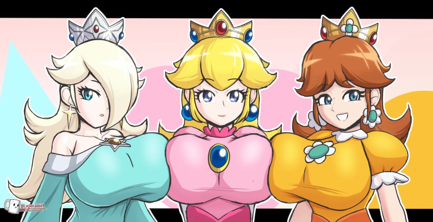 3girls alternate_version_available big_breasts blonde_hair blue_dress blue_eyes breasts breasts_bigger_than_head breasts_to_breasts brown_hair crown dress earrings female gem gemstone gold_crown luckerabbit6 luckerabbit9 mario_(series) mrlucke nintendo orange_dress pink_dress princess princess_daisy princess_peach princess_rosalina royalty sexy silver_crown super_mario_bros. super_mario_galaxy super_mario_land tagme