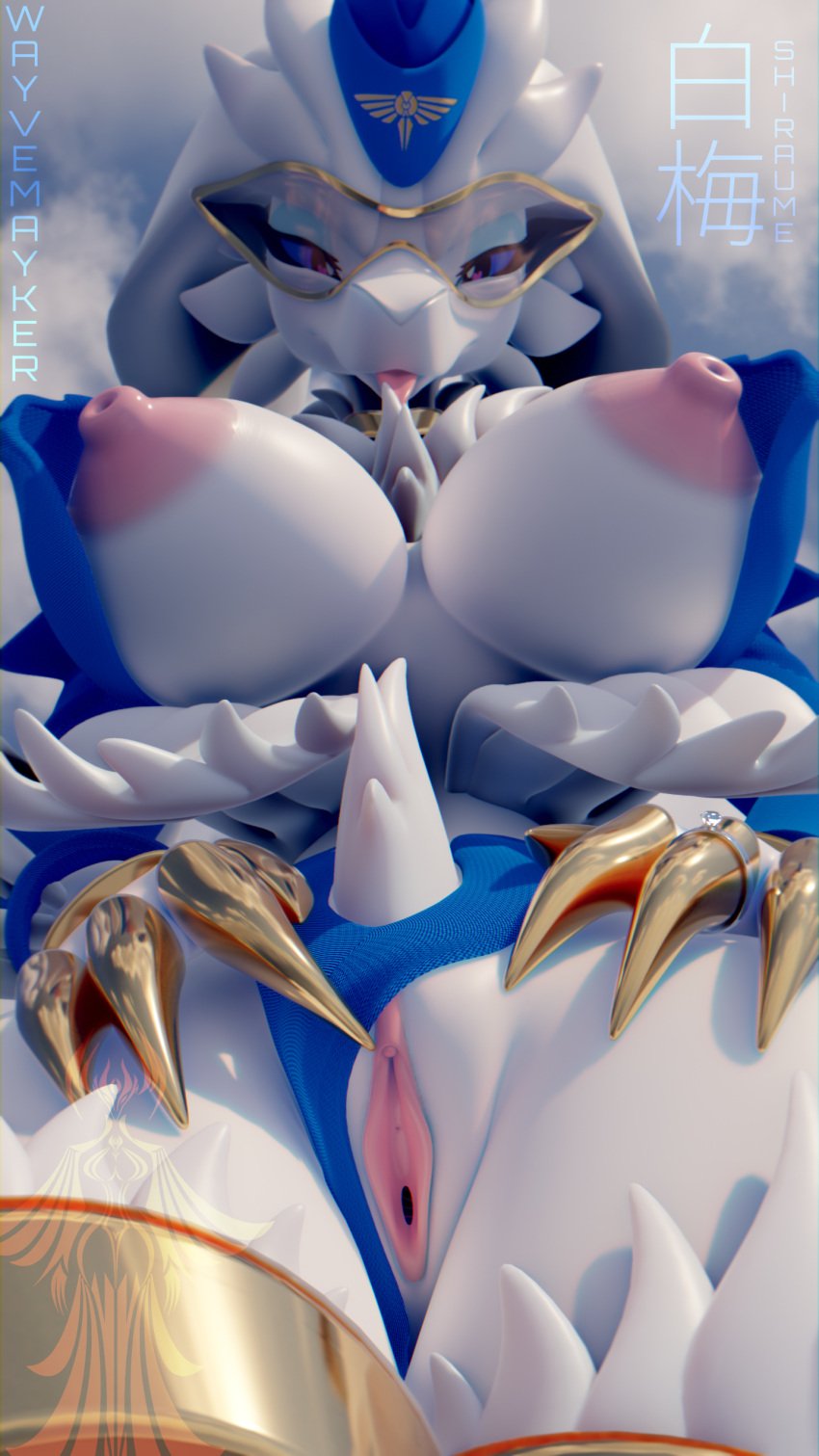 3d_(artwork) 9:16 absurd_res accessory anthro anthrofied areola bedroom_eyes big_areola big_breasts big_nipples biped blender_(artwork) blender_eevee blender_eevee_next blue_clothing blue_eyes blue_sclera blue_sky bodysuit breasts chest_fur chest_tuft claw_fingers claws clothed clothing cloud collar curvy_figure diamond_(gem) diamond_ring digital_media_(artwork) dragon eyewear female finger_claws flight_attendant fluffy fluffy_chest fur furgonomics furred_dragon furred_scalie gem generation_5_pokemon genitals gesture glasses goggles gold_(metal) gold_jewelry hat headgear headwear heart_eyes heart_symbol hi_res japanese_text jewelry legband legendary_pokemon logo long_ears looking_at_viewer looking_down looking_down_at_viewer mammal mythological_creature mythological_scalie mythology narrowed_eyes neckband necklace neckwear nintendo nipples pink_areola pink_nipples pink_pussy pinup pokemon pokemon_(species) pokemorph portrait pose puffy_nipples pussy reshiram ring scalie seductive shiraume_(wayvemayker) skimpy skimpy_dress skinsuit sky solo suggestive suggestive_gesture tail tail_accessory tailband text tight_clothing toe_claws tongue tongue_out tuft urethra wayvemayker white_body white_fur wings