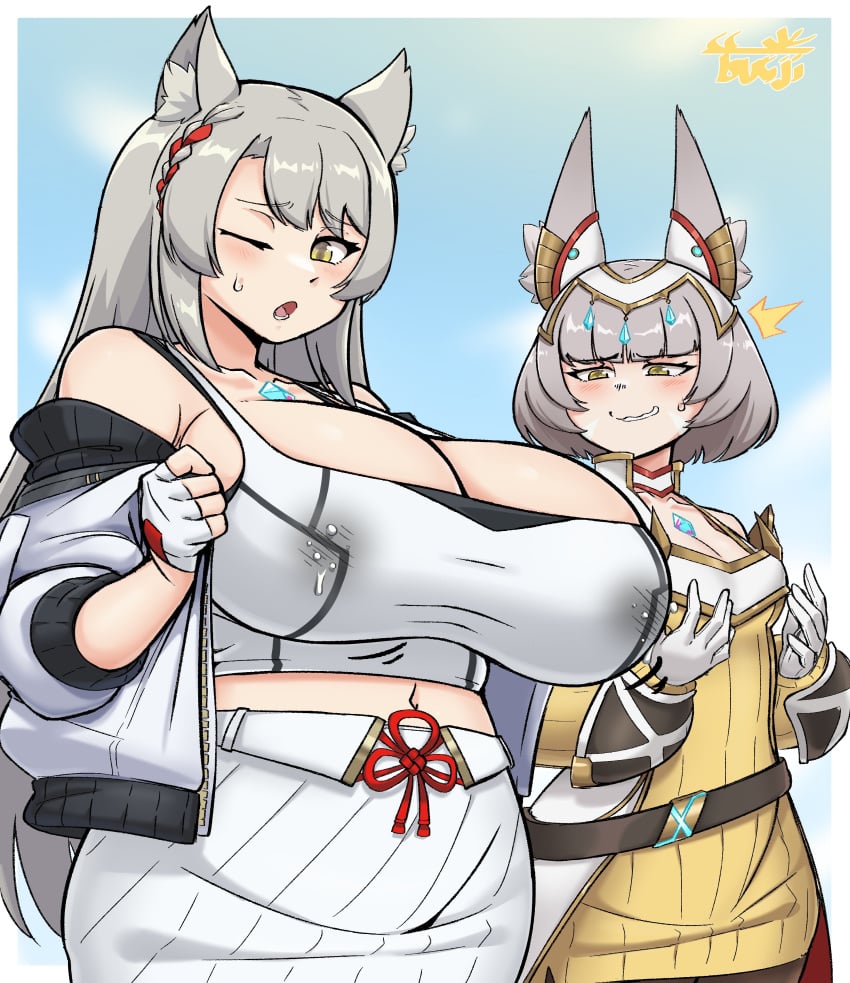 2024 2girls absurd_res alternate_breast_size alternate_version_available big_breasts breast_envy breasts cat_ears catgirl envy female_focus female_only grey_hair huge_breasts lactation lactation_through_clothes long_hair mio_(xenoblade) nia short_hair small_breasts sweatdrop sweating top_heavy tsukiji xenoblade_(series) xenoblade_chronicles_3 yellow_eyes