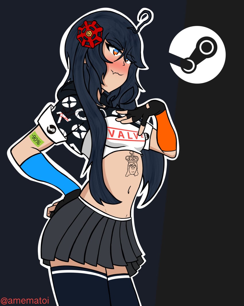 amematoi belly_button blue_eyes blush counter_strike crop_top dark_blue_hair fingerless_gloves gloves golden_ratio hair_accessory half-life her_name_is_steam_chan_and_shes_not_on_sale logo long_hair multicolored_eyes oc orange_eyes personification personification_of_platform portal_(series) skirt sleeves smug_face steam-chan tagme tattoo team_fortress_2 thighhighs tummy valve valve_(company) video_games white_outline