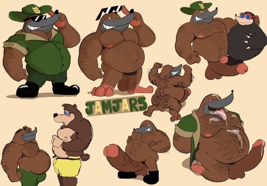 anthro arm_hair back_hair banjo-kazooie banjo_(banjo-kazooie) bear big_penis bodily_fluids body_hair boots bottles_(banjo-kazooie) bottomwear butt_hair chest_hair clothing cum cum_covered cum_in_mouth cum_inside cum_on_belly cum_on_body cum_on_chest cum_on_face eyewear footwear genital_fluids genitals glasses goldbellyk group hi_res jamjars_(banjo-kazooie) leg_hair male male/male mammal messy military_uniform mole_(disambiguation) nipple_fetish nipple_pinch nipple_play nipples overweight overweight_male penis penis_size_difference penis_touching pinch pubes rareware shoes topwear trio uniform