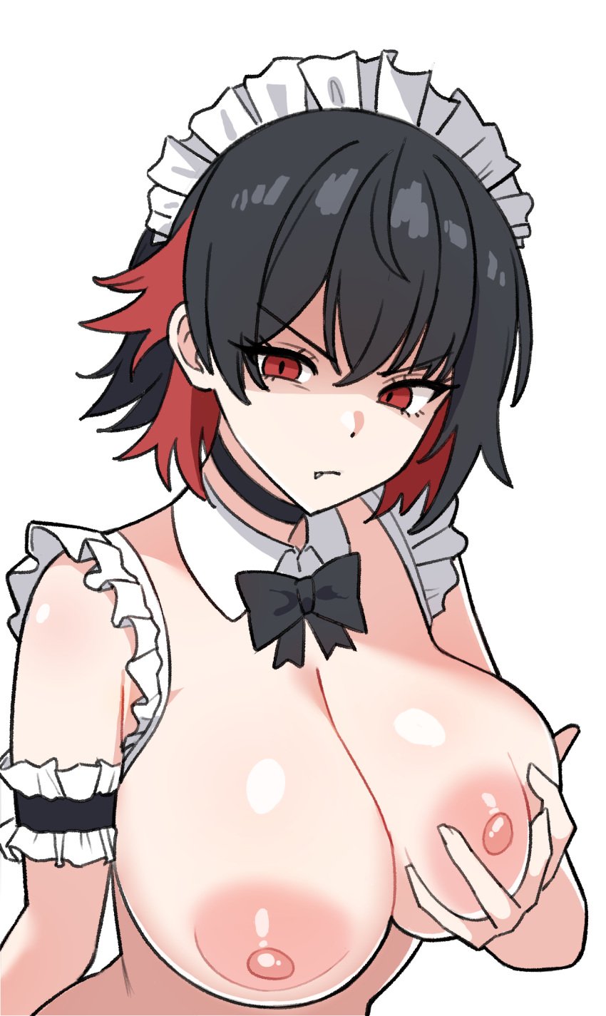 arm_garter black_hair bow bowtie breasts choker detached_collar ellen_joe fang_out female grabbing_own_breast highres large_breasts looking_at_viewer maid_headdress multicolored_hair nipples oerba_yun_fang red_eyes red_hair shaded_face short_hair simple_background siribang1215 skirt slit_pupils solo two-tone_hair white_background zenless_zone_zero