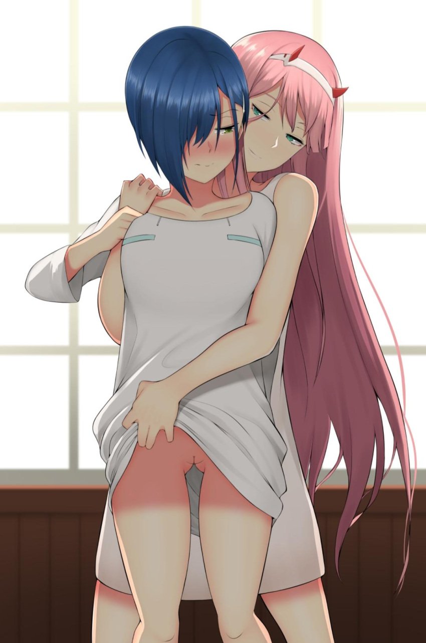 2girls blue_hair crappydecens darling_in_the_franxx decensored horns ichigo_(darling_in_the_franxx) lifting_clothing no_panties nori_gorou pink_hair third-party_edit zero_two_(darling_in_the_franxx)