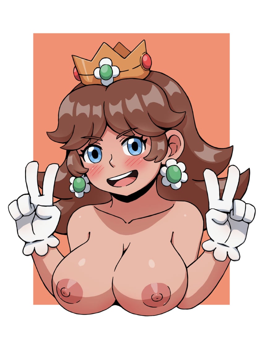 1girls blue_eyes breasts brown_hair crown eyelashes female female_only flower_earrings huge_breasts human large_breasts looking_at_viewer mario_(series) nintendo nipples nude nude_female open_mouth princess princess_daisy royalty solo solo_female tixxto v_sign