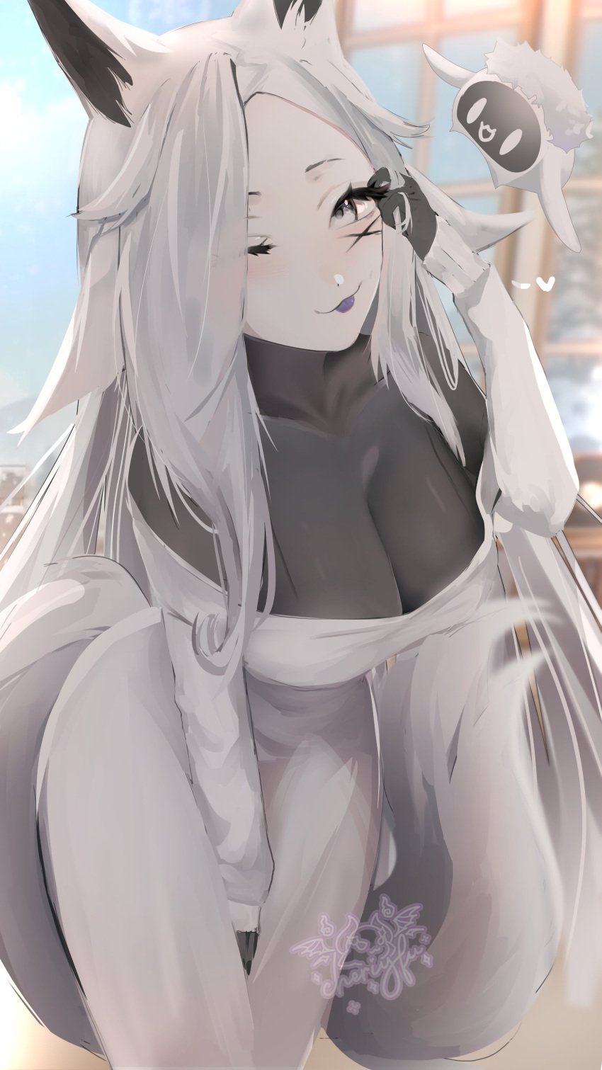 animal_ear_fluff animal_ears artist_name bangs blurry blurry_background blush breasts cleavage dya_rikku_(vtuber) female fox_ears fox_girl fox_tail furry heart large_breasts long_hair long_sleeves looking_at_viewer one_eye_closed purple_eyes shirt silver_hair smile solo standing tail tongue tongue_out virtual_youtuber vyugen white_hair