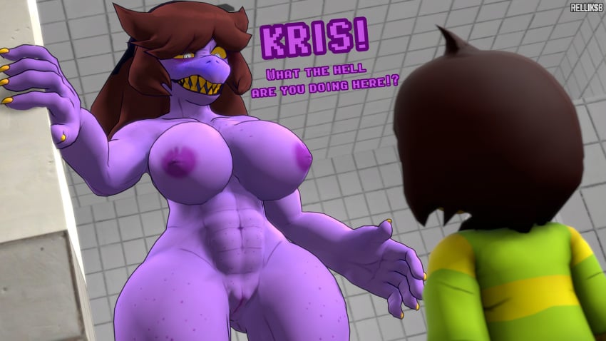 1boy 1girls 3d abs after_shower anthro breasts brown_hair deltarune female kris_(deltarune) male muscular nude pussy relliksb self_upload sharp_teeth source_filmmaker susie_(deltarune) text yellow_eyes