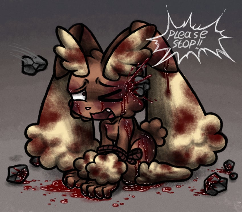 2024 abuse anthro blood blood_from_wound bodily_fluids bondage bondage bound brown_body brown_fur english_text female forced fur generation_4_pokemon gore gradient_background grey_background hi_res lagomorph leporid lopunny mammal nintendo open_mouth pokemon pokemon_(species) rabbit restraints rock rope rope_bondage ryona simple_background solo text throwing_object torture tragiccurse wounded