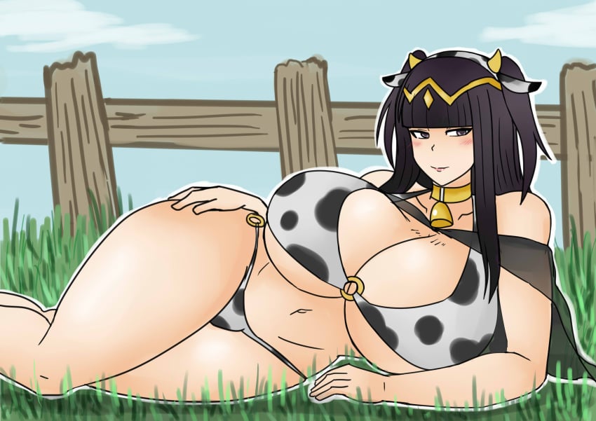 black_hair cow_ears cow_girl cow_print female female_only fire_emblem fire_emblem_awakening huge_breasts kegispringfield solo solo_female tharja_(fire_emblem)