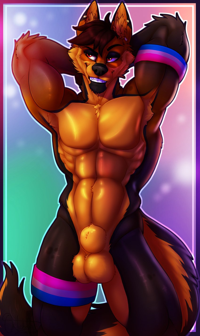 absurd_res animal_genitalia anthro balls bisexual brown_hair canid canine canine_genitalia canis ear_piercing female fur genitals hair hands_behind_head hi_res lgbt_pride looking_aside male mammal multicolored_body multicolored_fur muscular muscular_male nude orange_body orange_fur phinni_(artist) piercing sheath smile smug_face solo standing sunshine_(canstacat) wolf