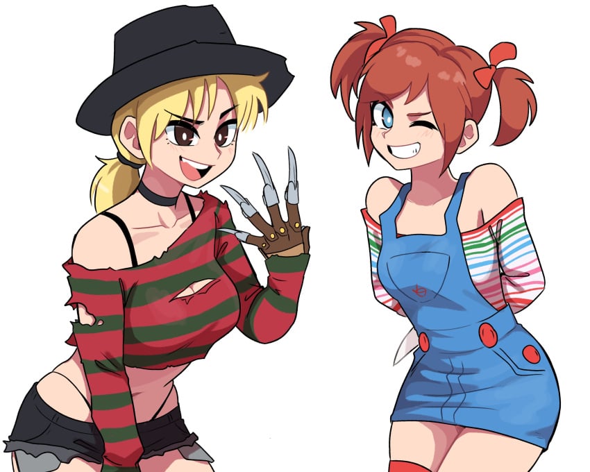 2girls bishoujo_terror blue_eyes breasts chucky cleavage clothed clothing dashi_art fair-skinned_female fair_skin female female_only freddy_krueger girl gloves hair_tie midriff open_mouth open_mouth_smile orange_hair ponytail smile teeth thong_straps twintails whale_tail